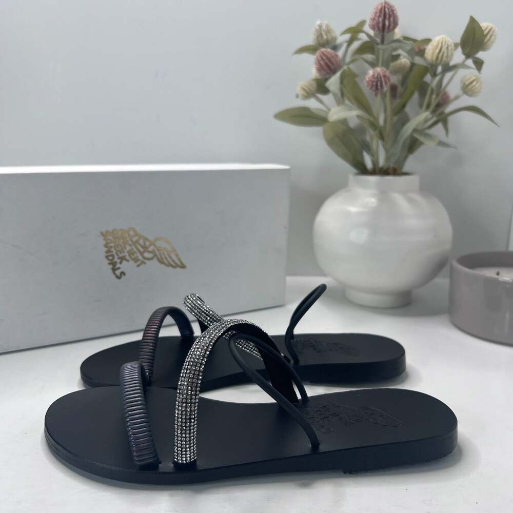 Ancient Greek Polytimi Crystals Strappy Flat Slip On Sandals Women's US 5M